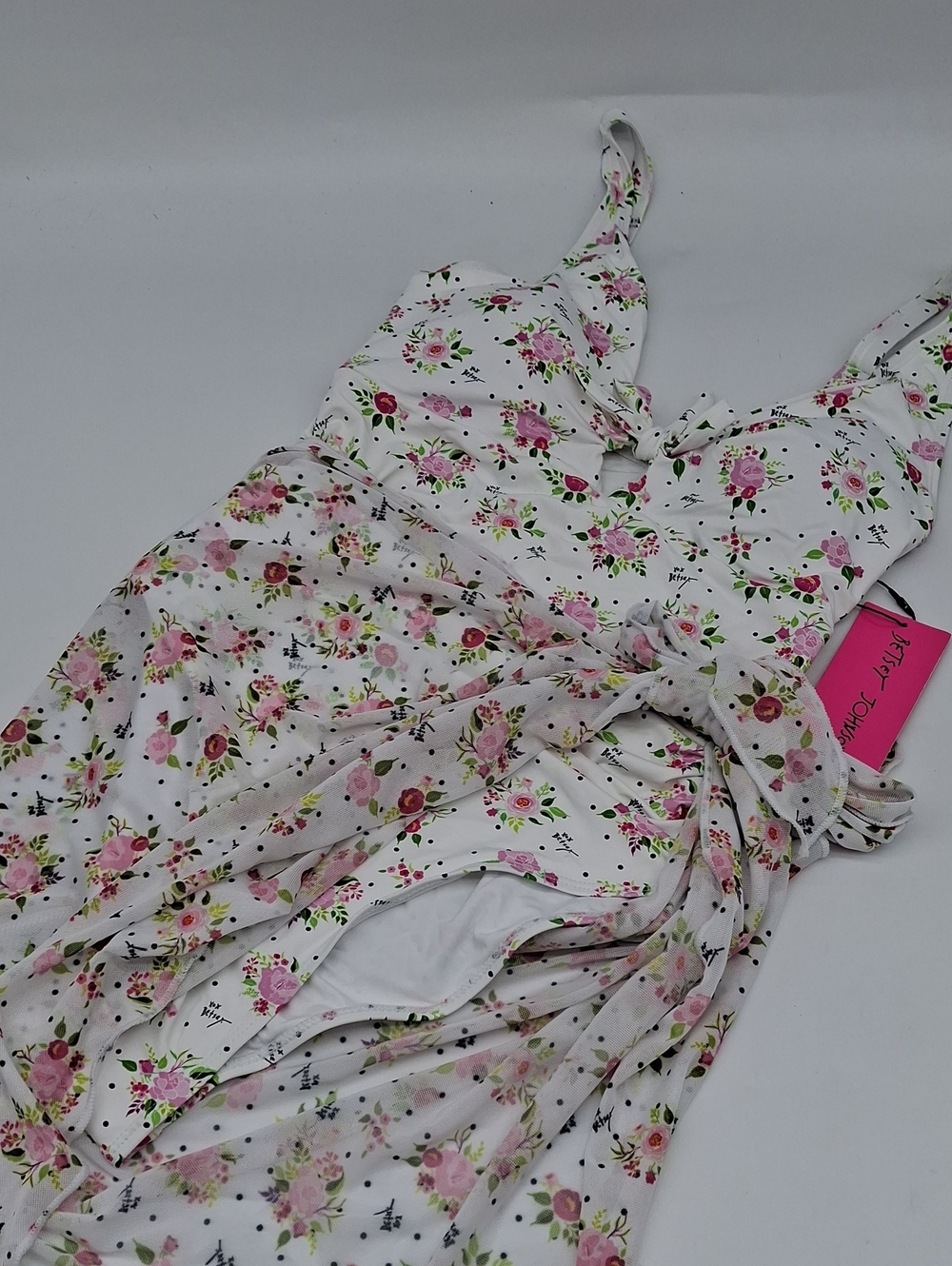 Betsey Johnson Polka Dot Bouquet Print One Piece Swimsuit Sarong Set White M